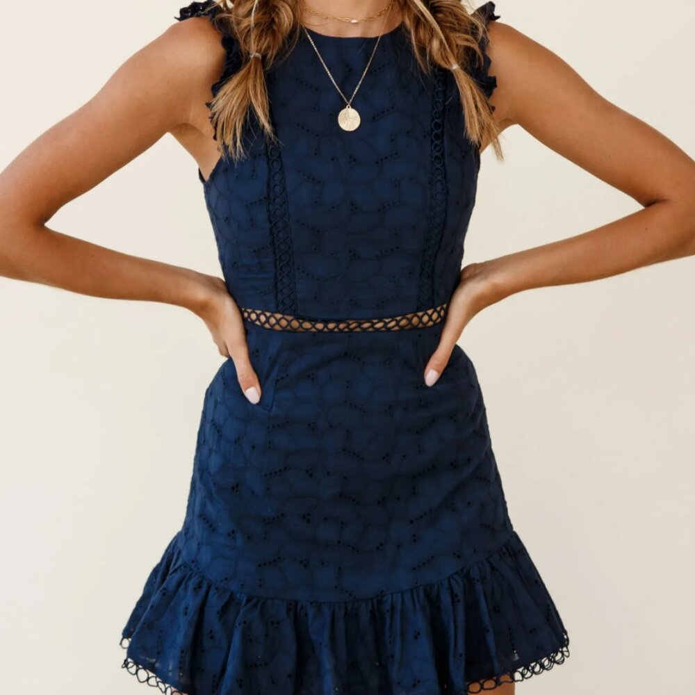 Reaching For Stars Corset Back Broderie Anglaise Dress Navy